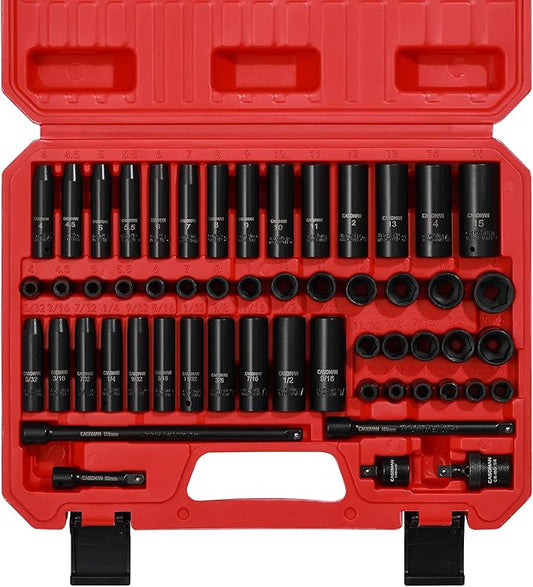 CASOMAN 55PCS 1/4-Inch Drive Impact Socket Set, Shallow & Deep, 5/32 Inch - 9/16 Inch, 4mm - 15mm, Metric/SAE, 6-Point, Cr-V Steel Socket Set