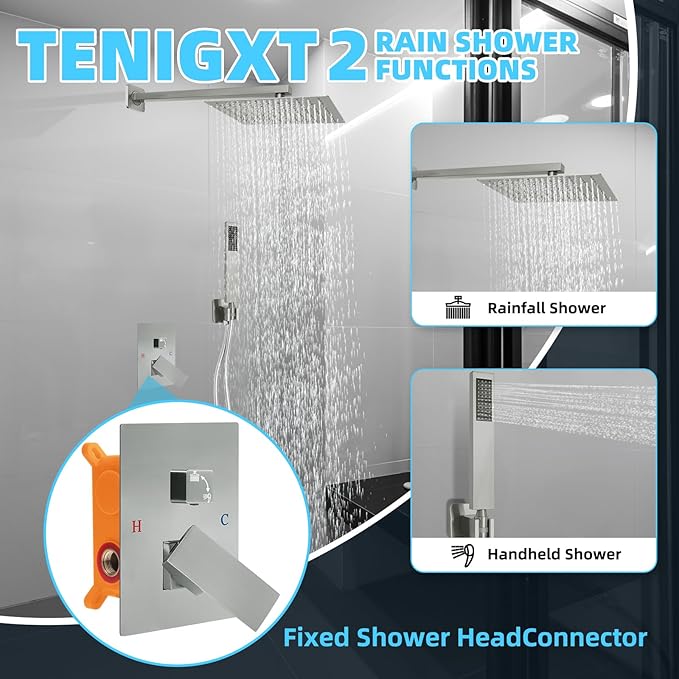 Bathroom Shower Faucet Set，12 Inch Rain Shower Head with Handheld Spray，Brass Shower Valve Trim Kit，Wall Mounted Square Rain Shower System (Brushed Nickel)