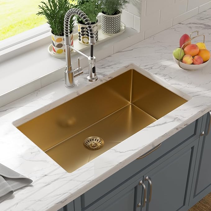 Lordear 33 Undermount Kitchen Sink 33x19 Matte Gold Undermount Sinks 16 Gauge Stainless Steel Deep Single Bowl Handmade Kitchen Sink Basin