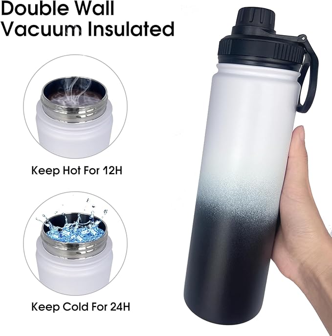 4pack 22 oz Insulated Water Bottle With Straw, Stainless Steel Sports Water Cup Flask with 2 Lids, Wide Mouth Travel Thermal Mug,Black white