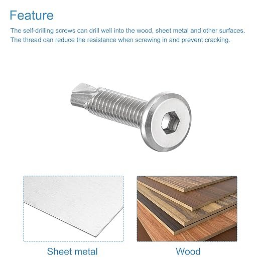 uxcell Hex Socket Self Tapping Screws, 1/4 x 1-1/4" 410 Stainless Steel Sheet Metal Flat Head Drilling Screw 50pcs, Silver