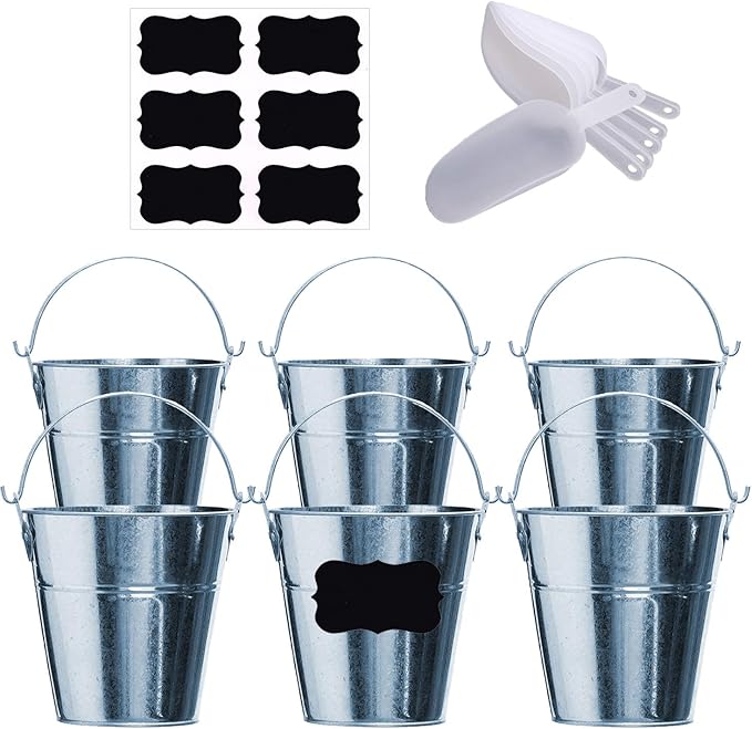 Galvanized Metal Buckets with Chalkboard Stickers and 5.5" Mini Plastic Kitchen Scoops - Set of 6