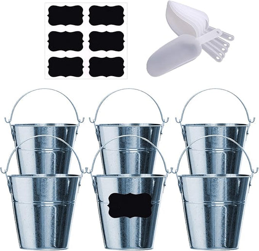 Galvanized Metal Buckets with Chalkboard Stickers and 5.5" Mini Plastic Kitchen Scoops - Set of 6