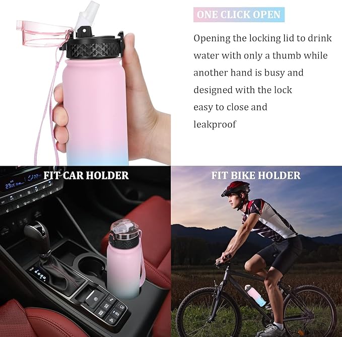 GOPPUS 20 oz Kids Water Bottle with Straw Wide Mouth Lid Leak Proof Double Walled Insulated Stainless Steel Water Bottles Stickers for Boys Girls School (Pink Blue 1 Lid)