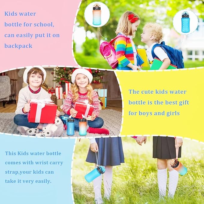 GOPPUS Kids Water Bottle with Straw Spout Lid 10pcs Stickers 12 oz Leak-proof BPA Free Motivational Time Marker Tritan Plastic Water Bottles for Girls Boys School Sports