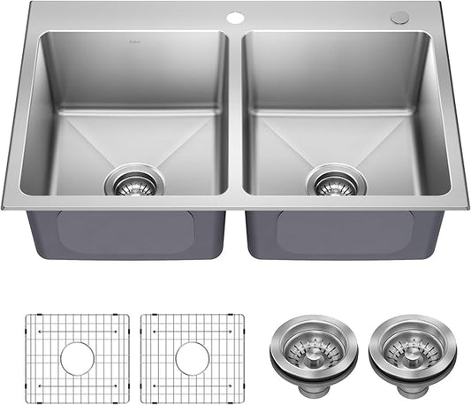 KRAUS Fairlane 33-inch Drop In/Top Mount Double Bowl 18-Gauge Stainless Steel Kitchen Sink, KHT632-33