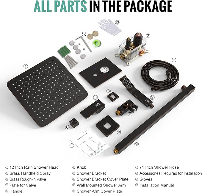 SR SUN RISE Oil Rubbed Bronze Shower System 12 Inches Brass Bathroom Luxury Rain Mixer Shower Combo Set Wall Mounted Rainfall Shower Head System Shower Faucet Rough-in Valve Body and Trim Included