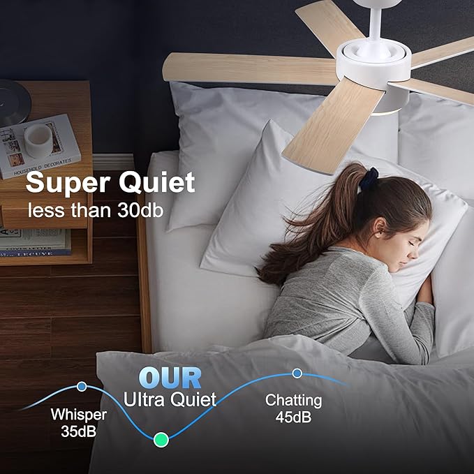 42 inch White Ceiling Fan with Lights and Remote Control, Dimmable Ceiling Fans with Lights,3-Color, Quiet Reversible 6-Speed, Wood Modern Ceiling Fan for Bedroom, Living Room, Dining Room