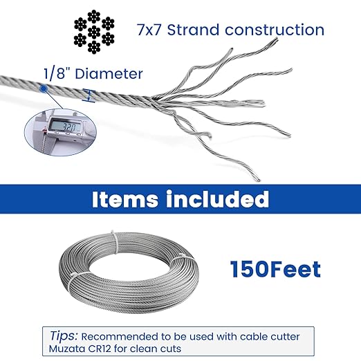 Muzata 150 ft 1/8" Stainless Steel Cable Railing System Hardware Wire Rope 7x7 Strands Deck Cable Railing Kit for Indoor Outdoor Hanging WR01