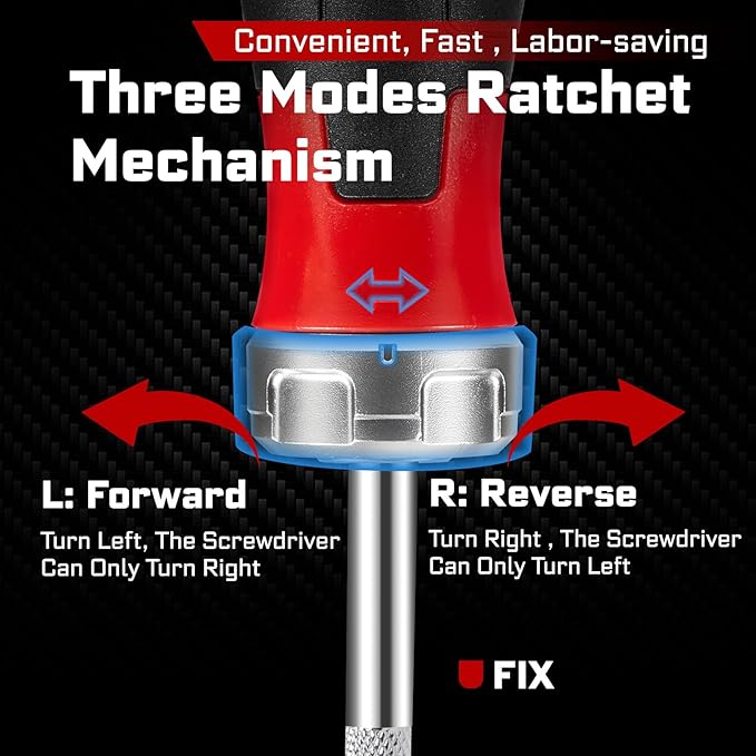 Ratcheting Screwdriver with Bit Storage Multi-bit Magnetic 1/4” Hex Shaft Screwdriver Handle for Phillips Flat Square Hex Screw Driver Repair Tool