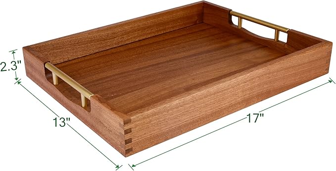 LotFancy Wood Serving Tray with Metal Handles, 17x13 Inch, Large Ottoman Tray, Decorative Wooden Tray for Living Room, Ottoman, Coffee Table, Countertop Centerpiece