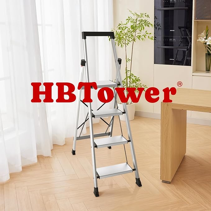 HBtower 4 Aluminum Step Ladder, Strudy Ladders for Home with Tool Tray, Anti-Slip Folding Step Stool for Adults, Light Weight Portable 330lbs Safety for Kitchen Warehouse Outdoor Work