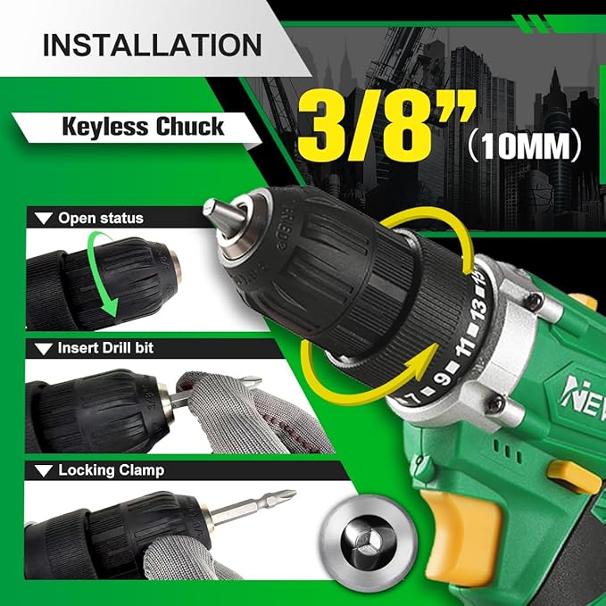 NEWBEAT Cordless Drill Set, 12V Power Drill Driver with 2 Batteries and Charger, 3/8" Keyless Chuck, 2 Variable Speed, 15+1 Torque Setting Electric Drill, Power Tools Kit for Home and DIY Project