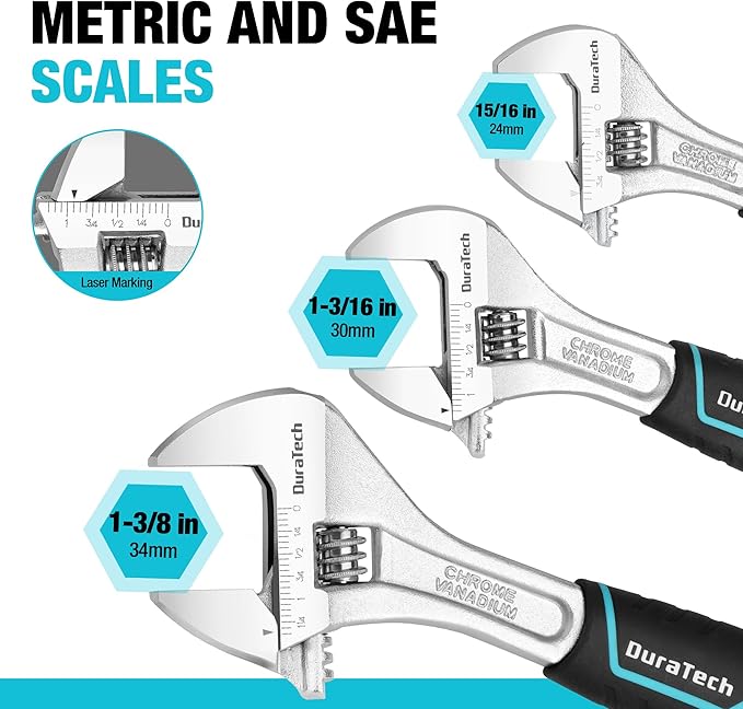 DURATECH 3-piece Adjustable Wrench Set, 6-Inch& 8-Inch& 10-Inch Wrenches, Wide Jaw Wrench, Metric & SAE Scales, Cr-V Steel, for Home, Garage, Workshop