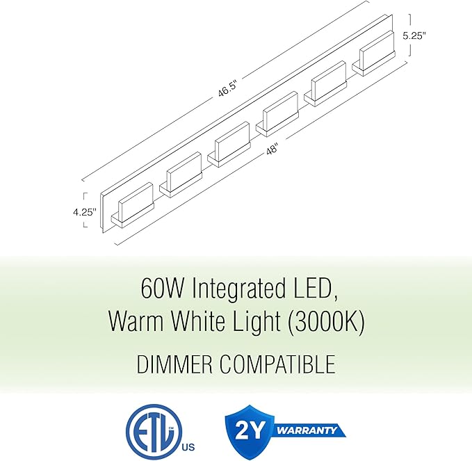 Kira Home Everett 48" Modern 6-Light 60W Integrated LED (360W eq.) Bathroom/Vanity Light, Rectangular Acrylic Lenses, Energy Efficient, Eco-Friendly, 3000k Warm White Light, Brushed Nickel Finish