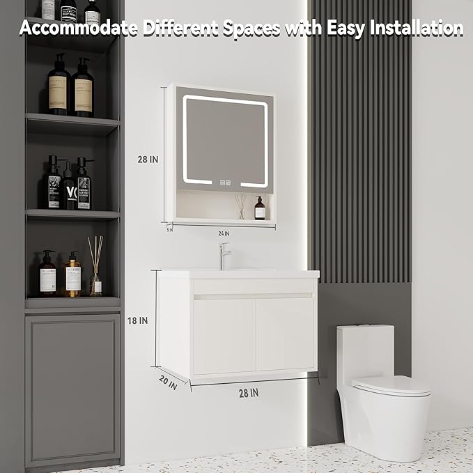 28'' Bathroom Vanity with Ceramic Sink Combo and Medicine Cabinet Mirror with Led Light/Defog, Wall Mounted Small Bathroom Vanity with Soft-Close Door Modern Floating Cabinet, Khaki(No Faucet)