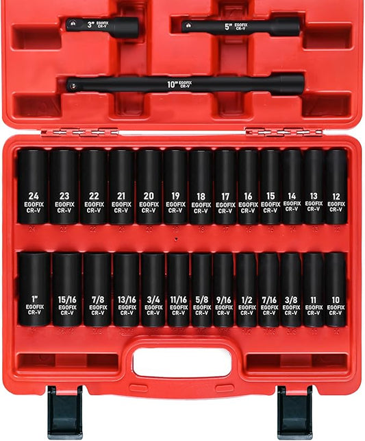 29 Pieces 1/2" Socket Set, Drive Deep Impact Socket Set with 3", 5", 10" Extension Bars, 6 Point SAE and Metric (3/8"-1", 10mm-24mm), Cr-V Steel