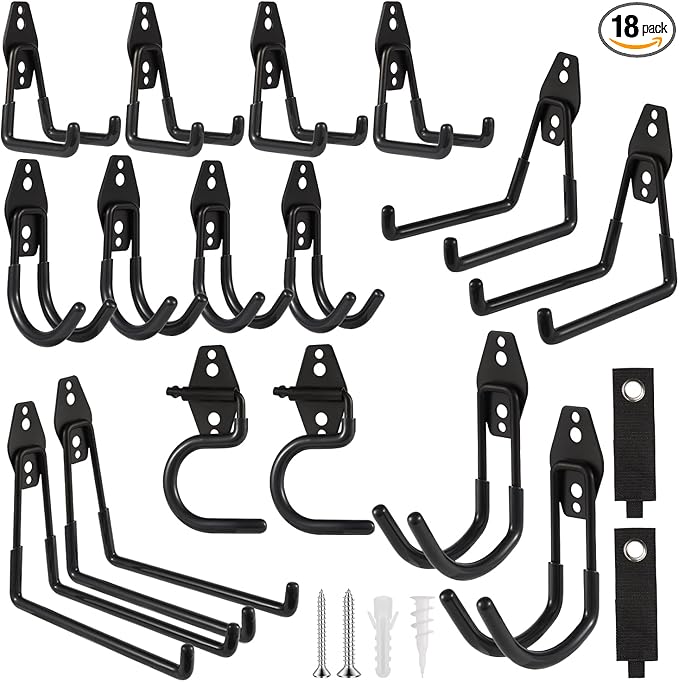 Garage Hook Heavy Duty Wall Storage Hangers, 18 Pack Garage Storage Hooks Steel Tool Black for Ladders, Ropes, Garden Tools