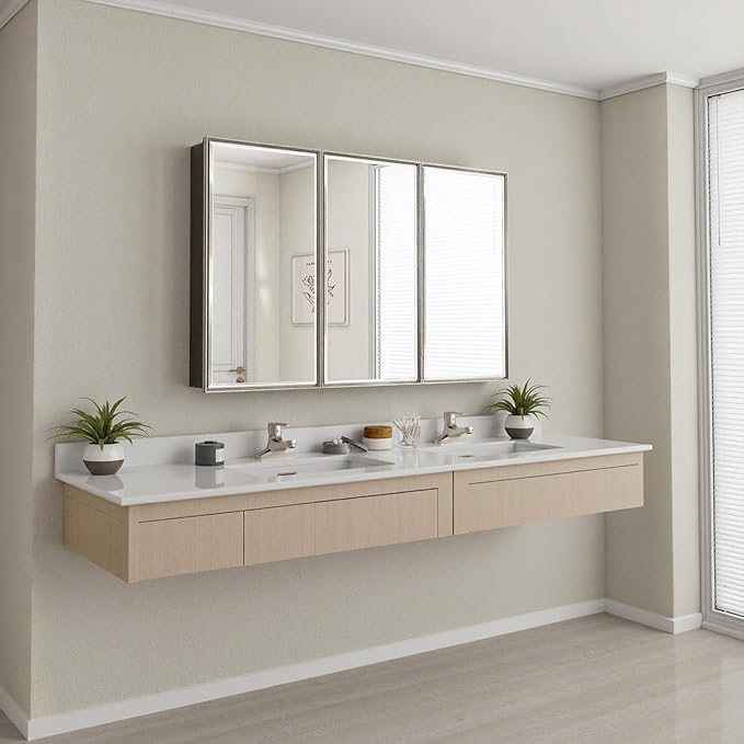 48x30 Brushed Nickel Medicine Cabinet, Recessed or Surface Large Framed Medicine Cabinet with 3 Beveled Mirror Door & Adjustable Shelves, Shatterproof, Pre-Assembled Bathroom Storage Cabinet