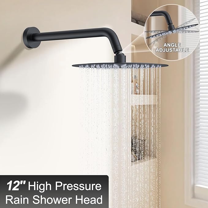 KOJOX 12-Inch Matte Black High-Pressure Shower System: Complete Set with Rainfall & Handheld Shower Heads, Wall-Mounted Mixer Faucet, Rough-In Valve, & Trim Kit for Bathroom