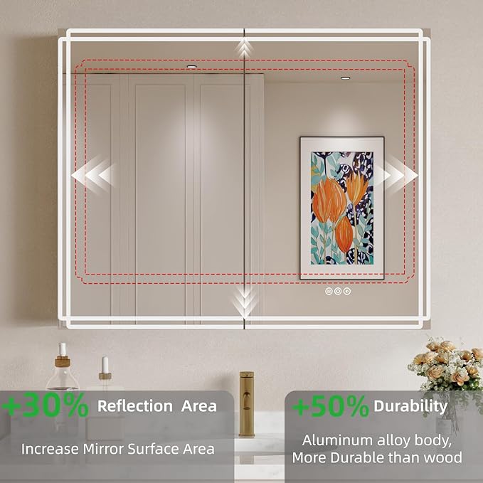 Buruis 32'' x 32'' Medicine Cabinet with Lights and Mirrors, Recessed or Wall Mounted Modern Bathroom Cabinet with 3-Mode Light, Anti-Fog, Dimmable, Memory Function, Outlet, Silver
