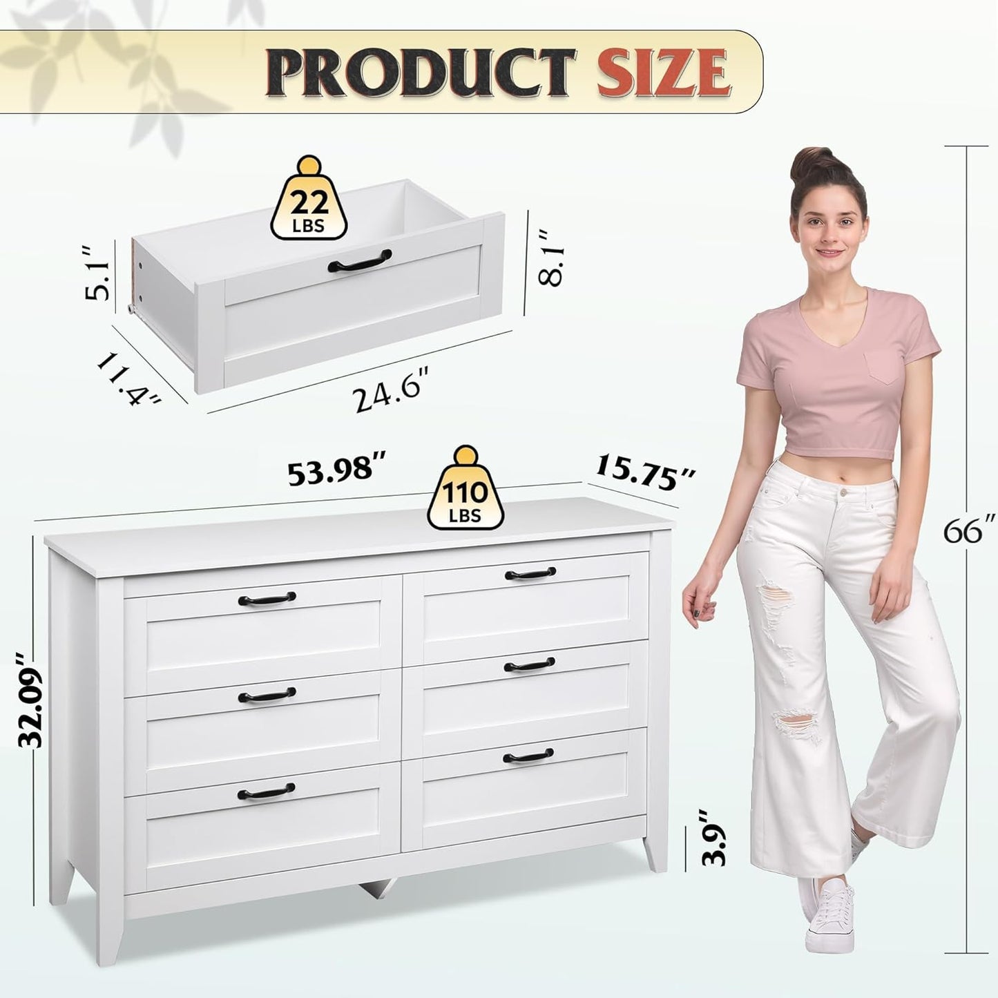 WLIVE White Dresser for Bedroom, 6 Drawer Wood Dresser with Metal Handle, Large Double Wooden Chest of Drawers for Living Room, Hallway, Closet