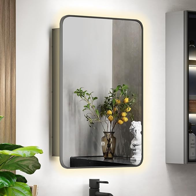 Recessed Medicine Cabinet for Bathroom Medicine Cabinets with Mirror,3-Color Backlight Lighted Medicine Cabinet with Lights,Black Mirrored Medicine Cabinets Wall Mounted 20x30