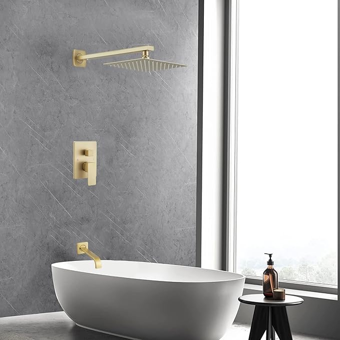 ‎Brushed Gold Shower Faucet Set with Tub Spout Bathroom Luxury Rain Mixer Shower Head System Wall Mounted Shower Faucet Complete, Single Handle Tub and Shower Trim Kit with Rough-in Valve