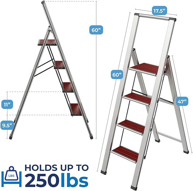 Step Ladder 4 Step Folding, Decorative - Beautiful Mahogany & Silver Aluminum, Ultra Slim Profile, Anti Slip Steps, Sturdy-Portable for Home, Office, Kitchen, Photography Use,by SORFEY