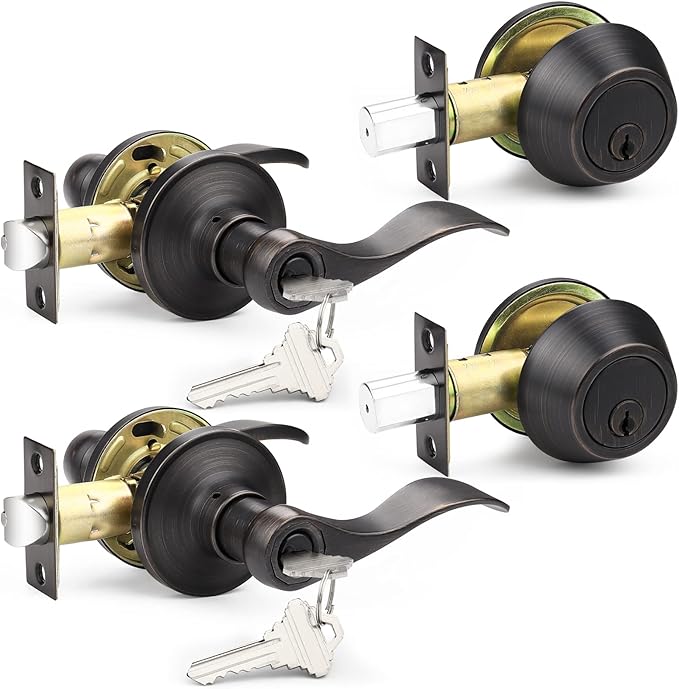 Probrico Exterior Door Lock Set Front Door Handle, Front Door Lock Keyed Alike Oil Rubbed Bronze, Exterior Door Handle with Deadbolt Set, 2 Sets