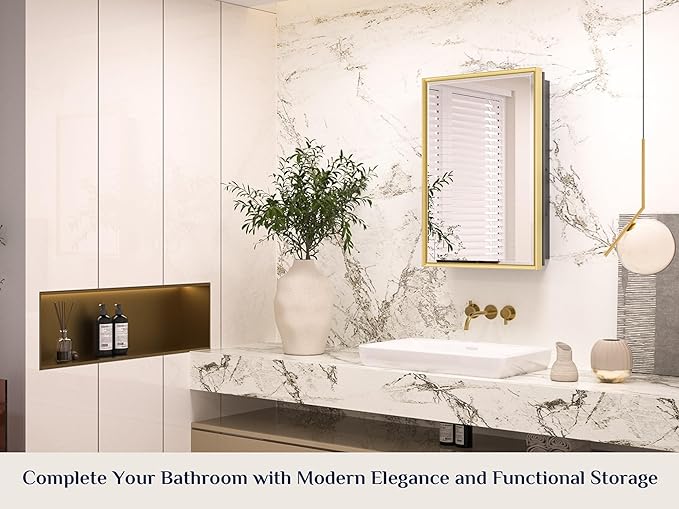 Keonjinn 17" x 25" Gold Medicine Cabinets for Bathroom with Mirror, Recessed or Surface Wall-Mounted Aluminum Alloy Framed Beveled Mirror, Single Door Metal Bathroom Vanity Mirror with Storage Cabinet