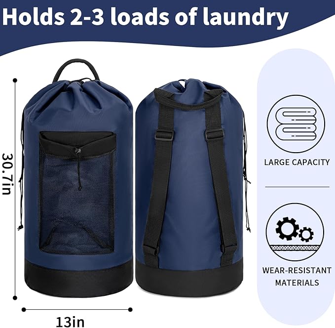 Laundry Bag Backpack with Shoulder Straps and Mesh Pocket Foldable Laundry Hamper for College, Apartment, Laundromat (Dark Blue)