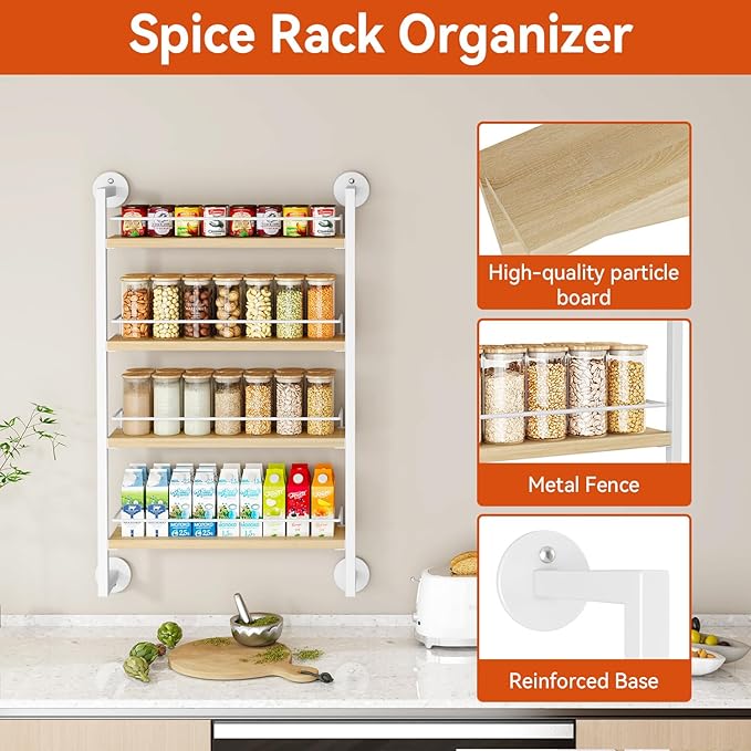 IBUYKE Spice Rack Wall Mount,4 Tier Hanging Seasoning Organizer,Spice Rack for Wall for up to 50 Jars,Spice Organization for Kitchen Cabinet,Living Room,Bathroom,Pantry,Natural TLJ016R