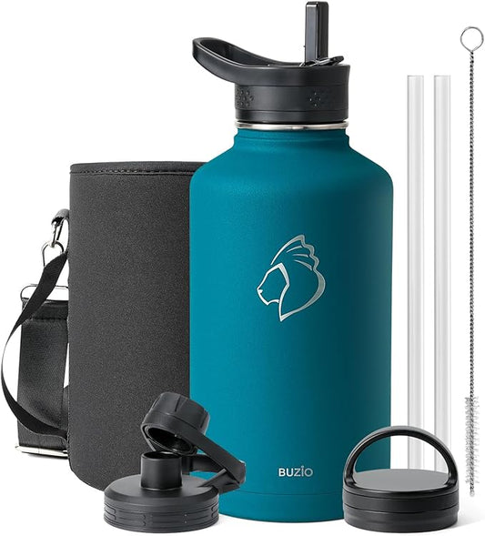 BUZIO Water Bottle with Straw lid, Spout Lid, Hand Lid and Carrying Pouch, 32oz 40oz 64oz Stainless Steel Water Flask Jug, Cold for 48 Hrs Hot for 24 Hrs Double Vacuum Thermo Canteen Mug, BPA-Free