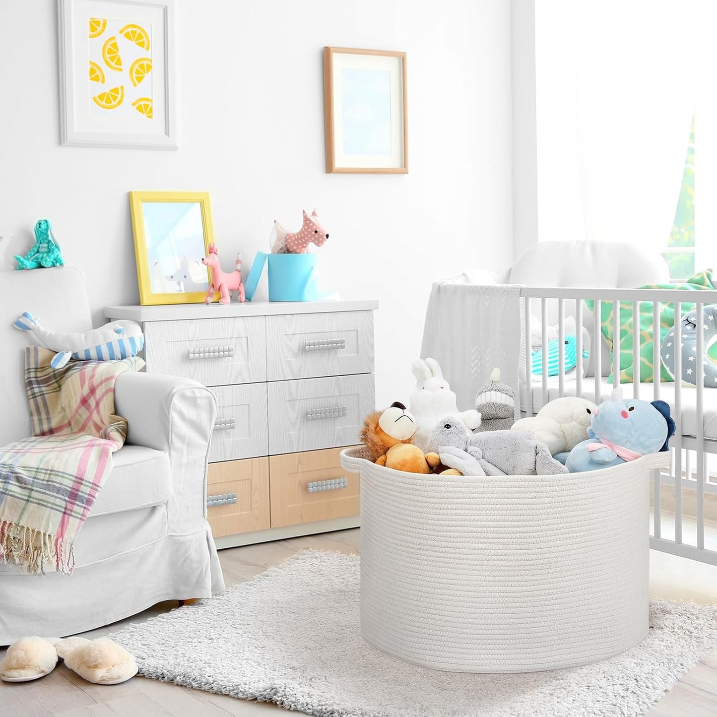 Ravinte Large Storage - 22"x 22"x 14" Blanket Basket for Living Room, Baby Toy Storage, Cotton Rope Woven Laundry Basket (White)