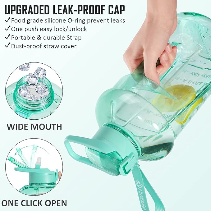 Fimibuke Half Gallon Water Bottle with Sleeve 64 OZ Water Bottle with Handle & Straw Leakproof Motivational Sports Gym Water Bottle with Time Marker BPA Free Water Jug with Reusable Neoprene Holder