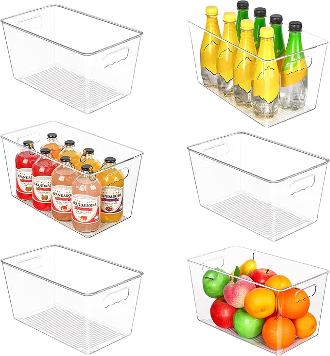 Vtopmart 6 PCS Clear Plastic Storage Bins, Pantry Organizer Containers with Handle for Refrigerator, Fridge, Cabinet, Kitchen, Countertops, Cupboard, Home Organization and Storage, XL