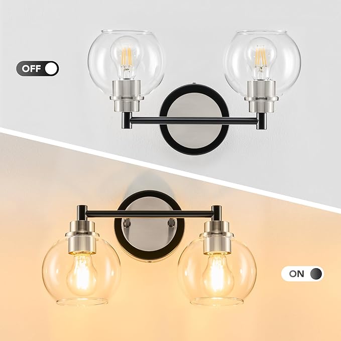 VONLUCE Bathroom Light Fixtures, 2-Light Vanity Light with Globe Glass Shades E26 Sockets, Bathroom Lights Over Mirror for Bedroom Hallway Living Room, Black & Nickel Finish