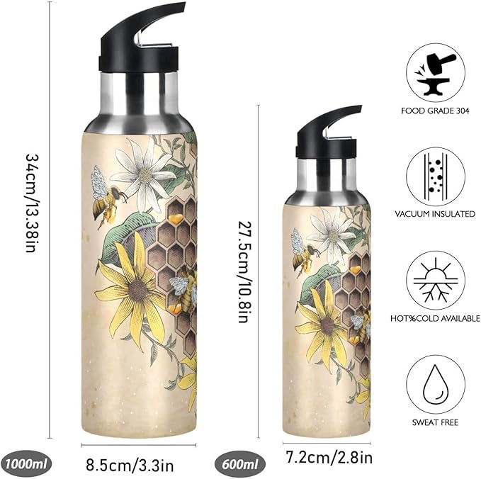 ALAZA Honey Bee Retro Floral Water Bottle With Straw Lids Boys Girls,Vacuum Insulated Leakproof Stainless-Steel Sports Bottle Thermal Flask For Gym Yoga Camping,20Oz (600Ml)