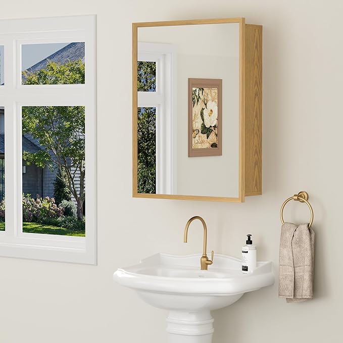 20x28 Inch Wooden Medicine Cabinet with Mirror, Surface or Recessed Mounted Bathroom Cabinets with Door, Adjustable Tempered Glass Shelves, Soft-Close Hinge, Wall Storage, Oak Wood Frame