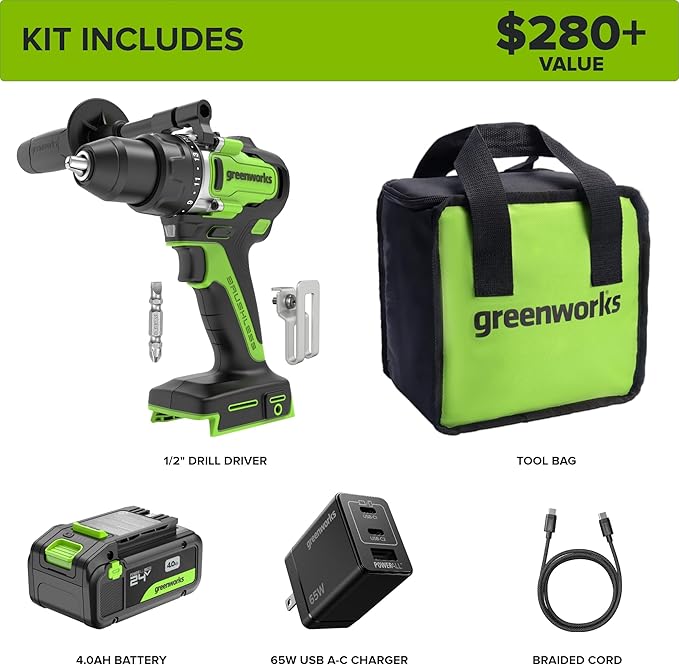 Greenworks 24V Cordless Brushless 800 in-lbs Drill/Driver, Professional Grade,21 Clutch, 4.0Ah USB-C Battery (24,000mAh Power Bank),65W USB-C Fast Charger(3-Port) and USB C to USB C Cable(3.3FT)