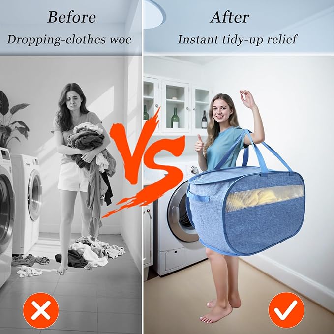 Upgraded 100L Extra Large Mesh Pop Up Laundry Hamper with Lid and Handles. XL Closet Storage Bins, Dirty Clothes Basket for Dorm Home, Foldable Laundry Basket. Blue. H