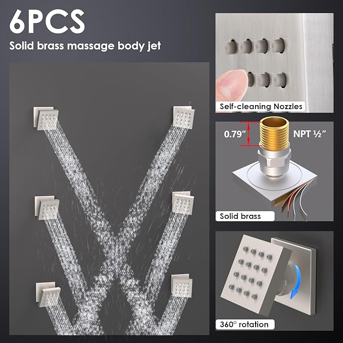 Enga Shower Jets System, 16 inch Ceiling Rainfall Shower System with Spray Jets(Can All Run Together) Thermostatic Shower System with Handheld Shower Head and 6 Body Spray Jets, Brushed Nickel