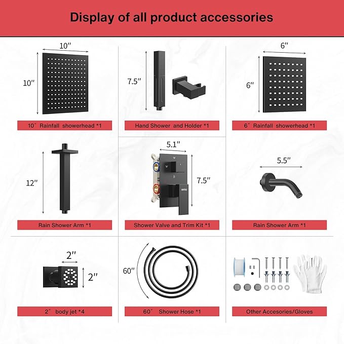 VANFOXLE Shower Faucet Set Matte Black Shower System,Four Modes Shower Faucet with 2 in 1 Handheld,Ceiling Mount 10 Inch Shower Head with 6 Inch Shower Head, 4 PCS Dual Modes Body Jets