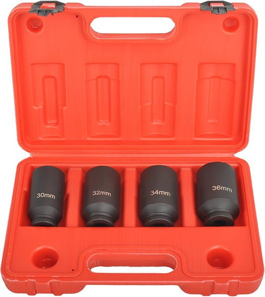 1/2" Drive 12 Point Impact Socket Set 4PCS Deep Impact Socket Set 30mm,32mm,34mm,36mm CR-MO Heavy-duty Axle Nut Socket Set with Portable Case,Black