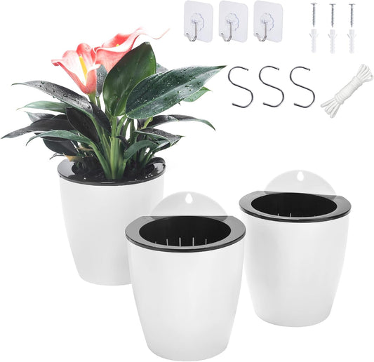 3 Pack Self Watering Wall Hanging Planter Pots Vertical Garden Window Hang Mount Indoor Outdoor Plant Flower Basket for Kitchen Herbs Balcony Railing Shelf Fence Bedroom Trellis Decor Modern White Box