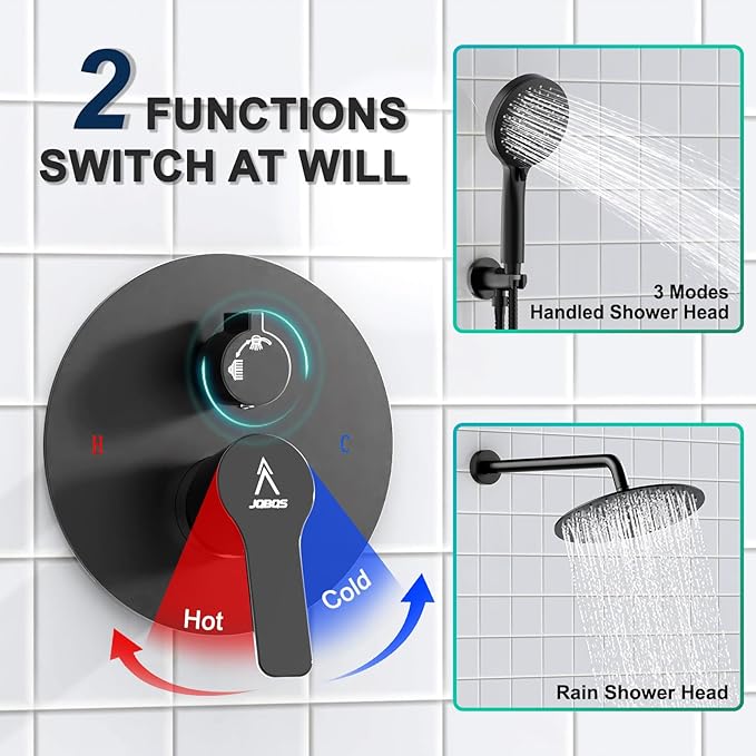 Shower Faucet Set 10IN Brass Rough-In Valve Body Trim Kit Rainfall Included Handle Accessories Complete 2 Functions with Rain Head and Handheld Bathroom Systems (10'', Matte Black)