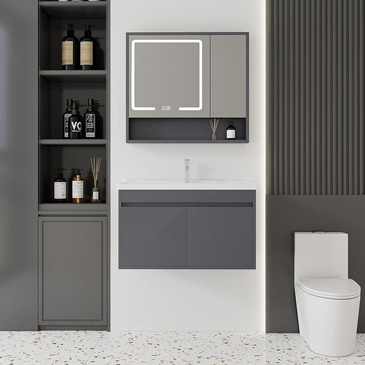 32'' Bathroom Vanity with Ceramic Sink Combo and Medicine Cabinet Mirror with Led Light/Defog, Wall Mounted Small Bathroom Vanity with Soft-Close Door Modern Floating Cabinet, Gray(No Faucet)
