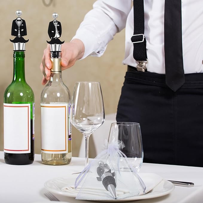 Wedding Beadable Wine Bottle Stopper Bulk Groomsmen Wine Stopper Stainless Steel Beer Corker with Silicone Beard Bead Sheer Bag Wedding Bridal Shower Favor for Guest Engagement Party(20 Set)