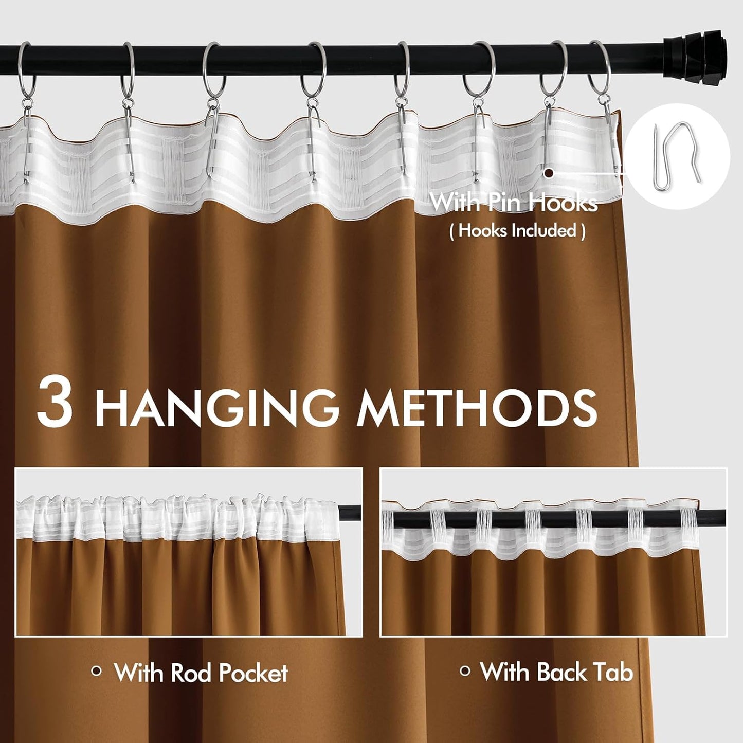 MIULEE Golden Brown Back Tab Blackout Curtains 102 Inch Long 2 Panels Set for Bedroom, Rod Pocket/Pinch Pleated Thermal Insulated Living Room Darkening Light Blocking Floor to Ceiling Drapes
